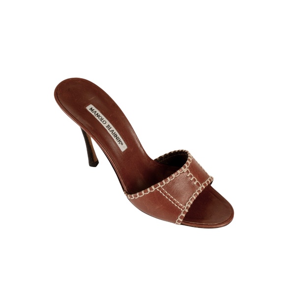 Manolo Blahnik Brown Leather Stitched Sandal Heels - Picture 4 of 6